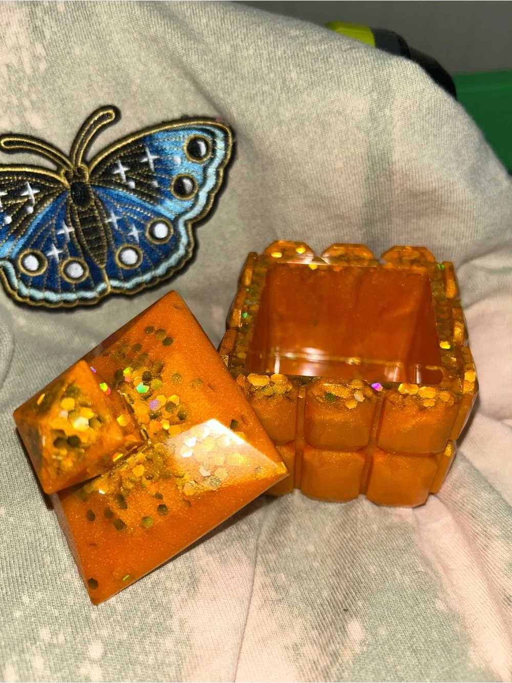 Handmade Orange Geometric Jewelry Storage Box with Gold Shiny Confetti Glitter